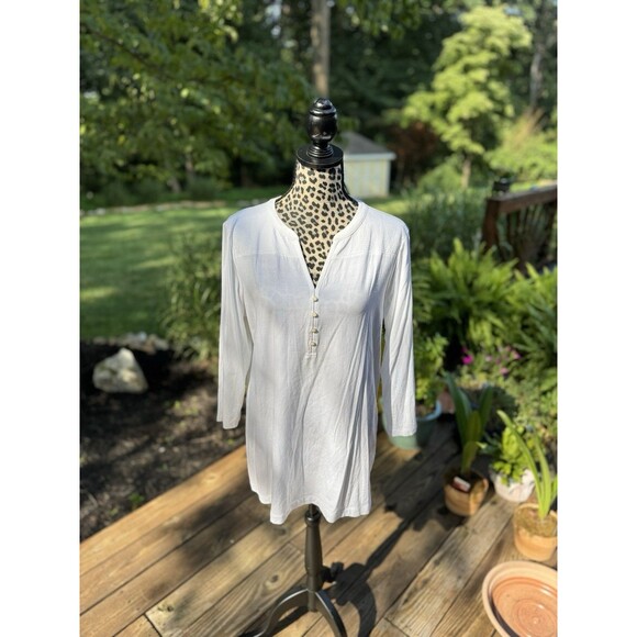 Lands’ End Notch Neck Henley Style Tunic White Sz L 3/4 Sleeve cotton blend - Picture 1 of 8